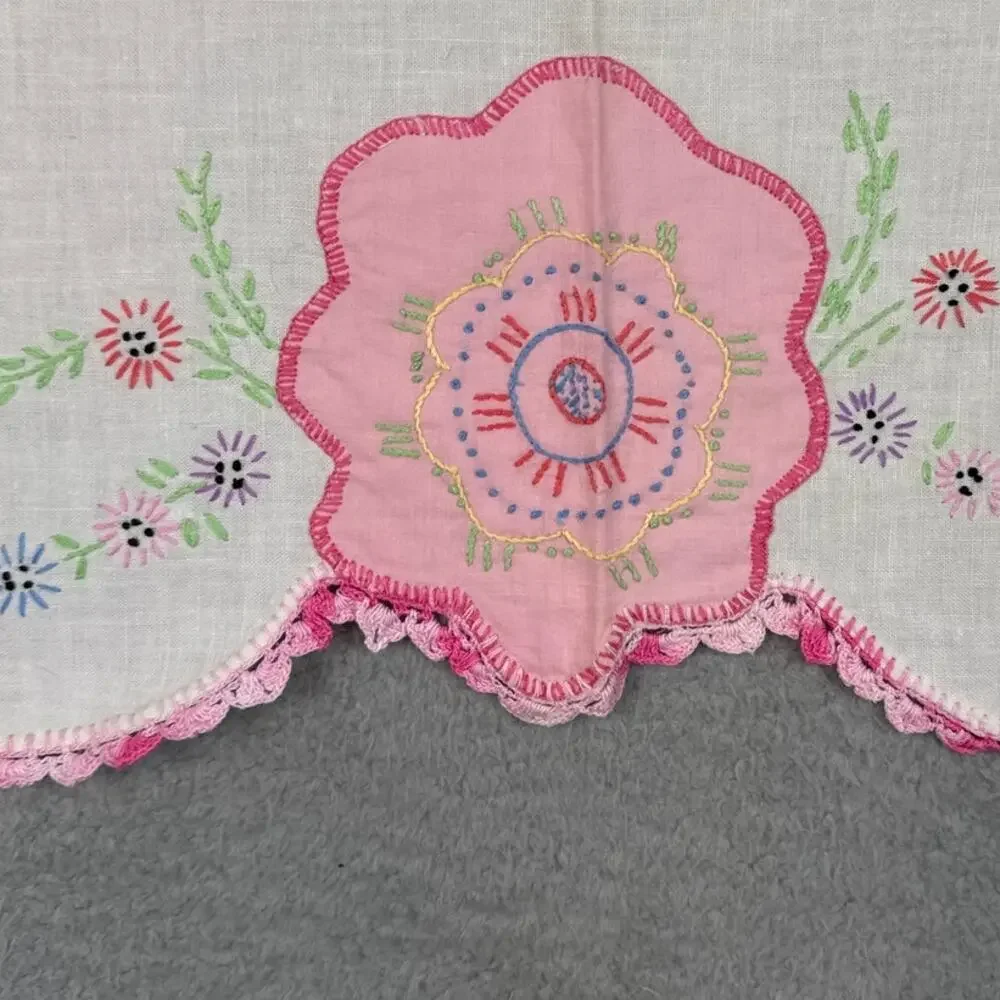 Vintage Needlepoint Floral Table Cloth Table Runner Handmade Linen Blend Cottage